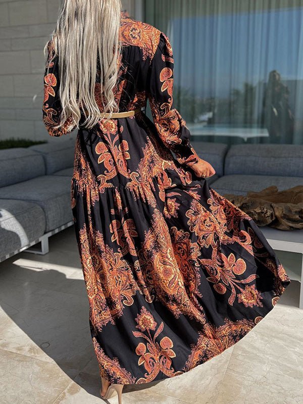 Vintage Print Long Sleeve Slit Dress Sai Feel