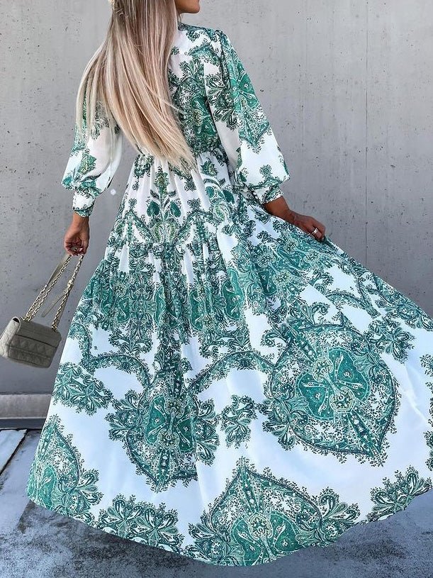 Vintage Print Long Sleeve Slit Dress Sai Feel