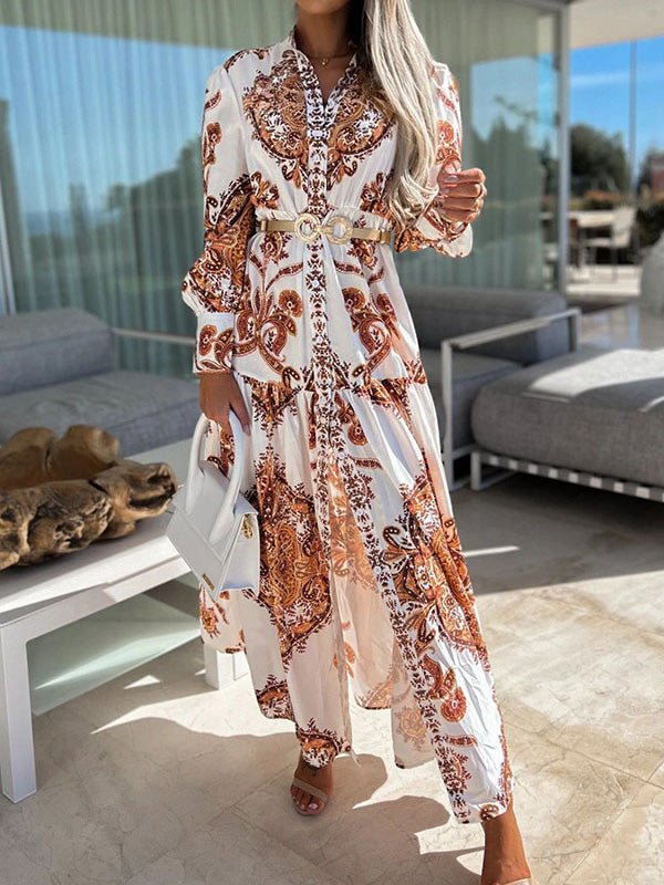Vintage Print Long Sleeve Slit Dress Sai Feel