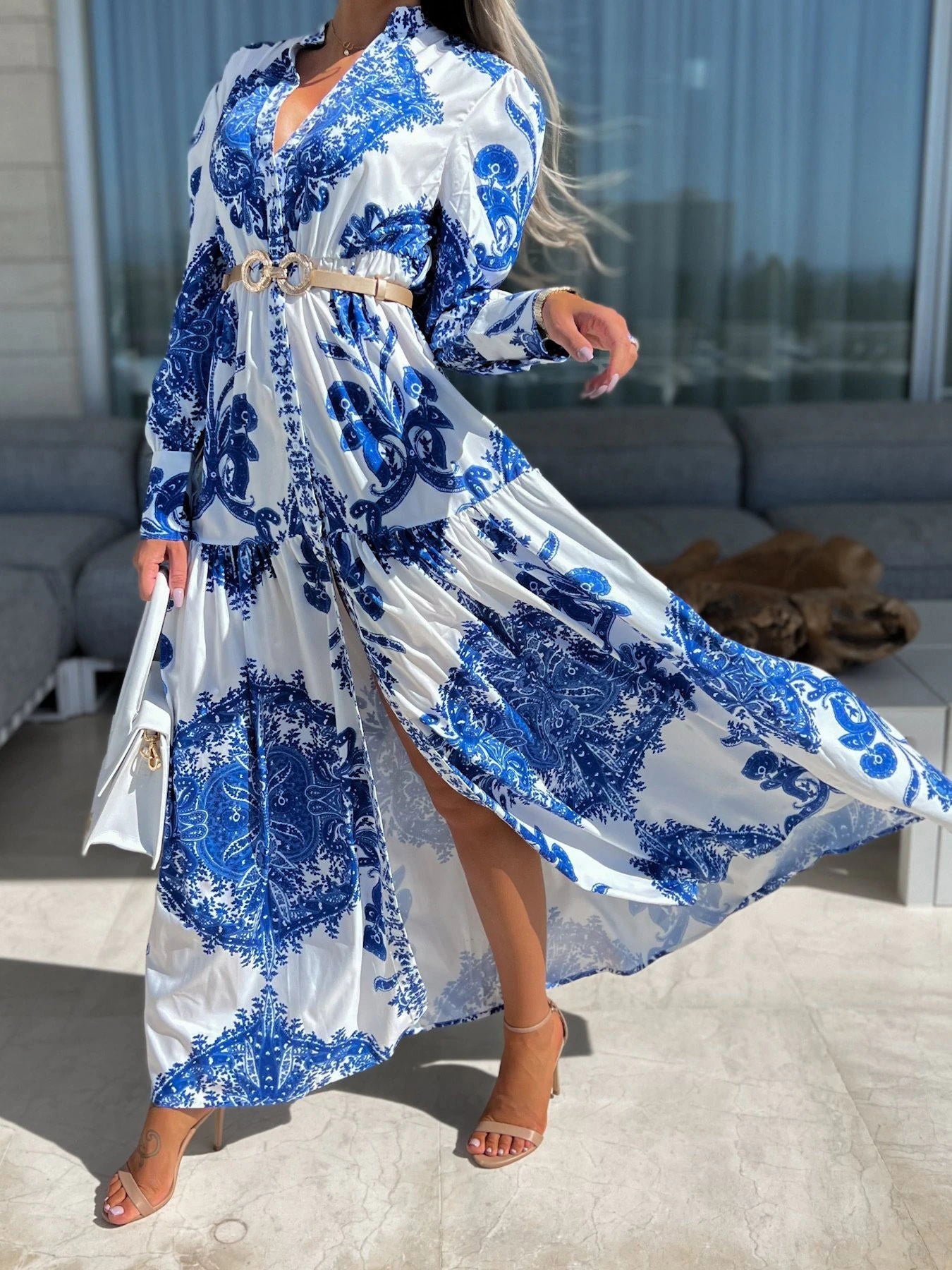 Vintage Print Long Sleeve Slit Dress Sai Feel