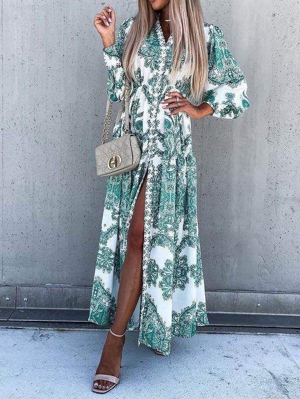 Vintage Print Long Sleeve Slit Dress Sai Feel