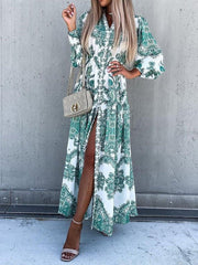 Vintage Print Long Sleeve Slit Dress Sai Feel