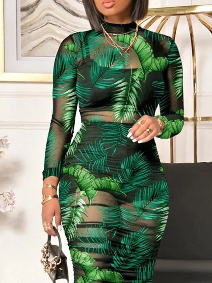 Vintage Print Mesh Long Sleeve Three Piece Dress Sai Feel