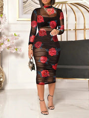 Vintage Print Mesh Long Sleeve Three Piece Dress Sai Feel