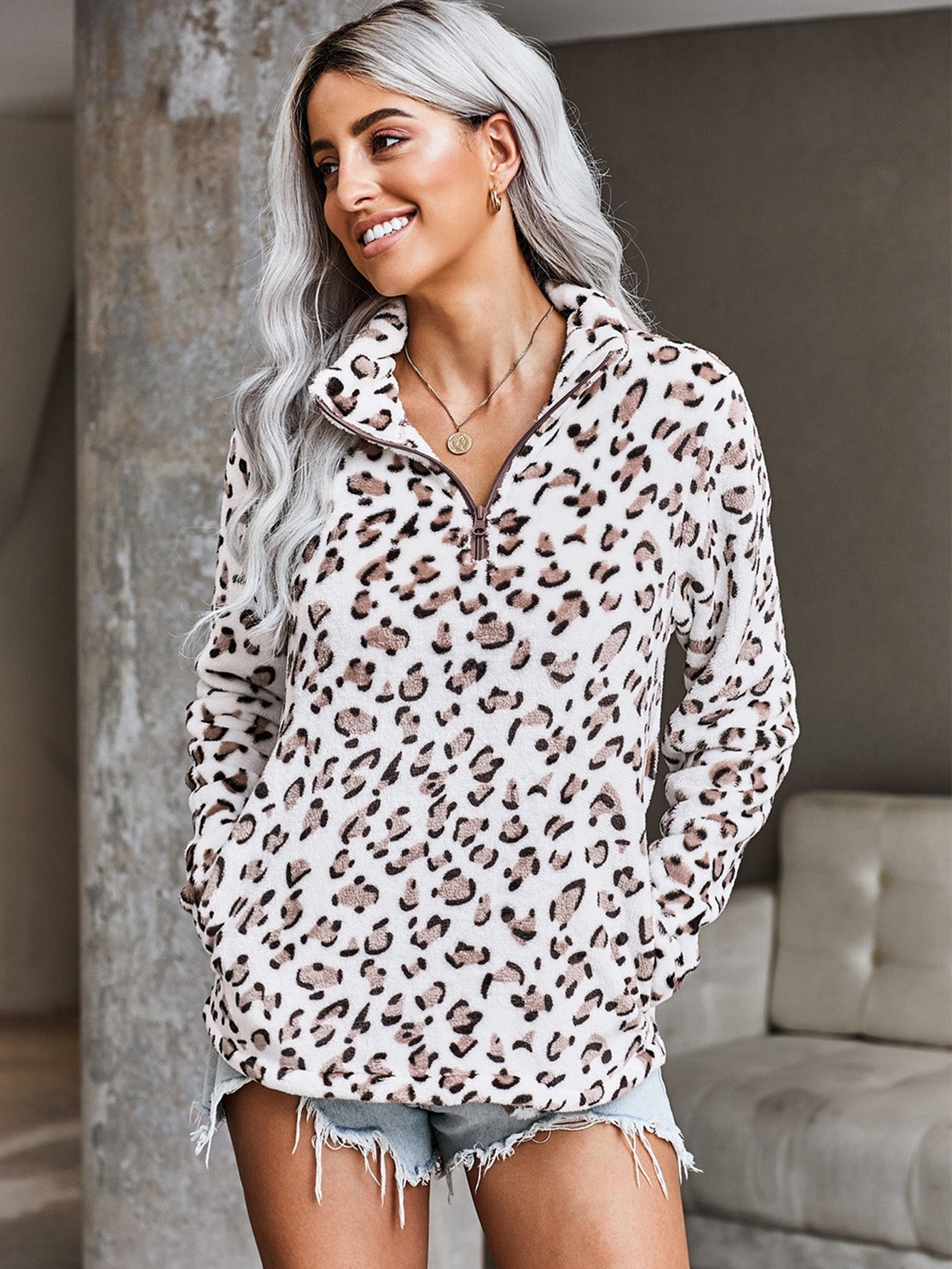 Warm Quarter Zip Leopard Sherpa Pullover Sai Feel