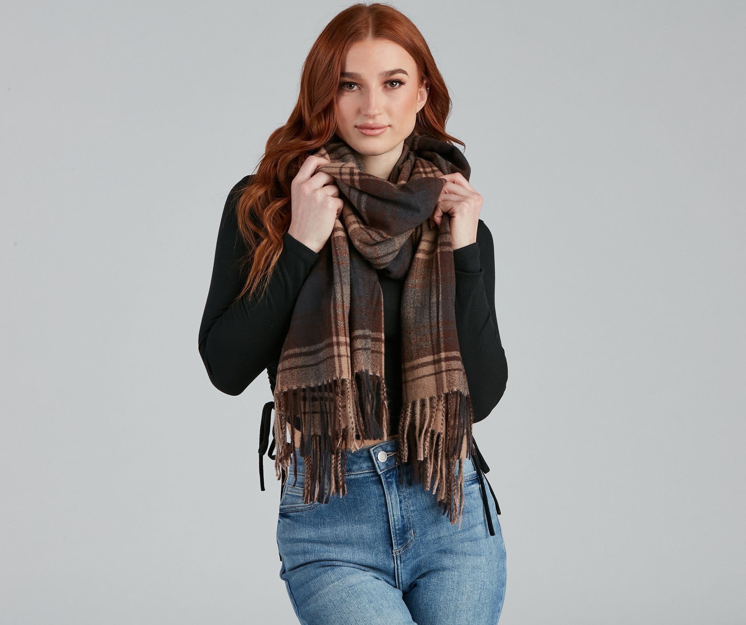 Weekend Cozy Plaid Fringe Scarf Sai Feel