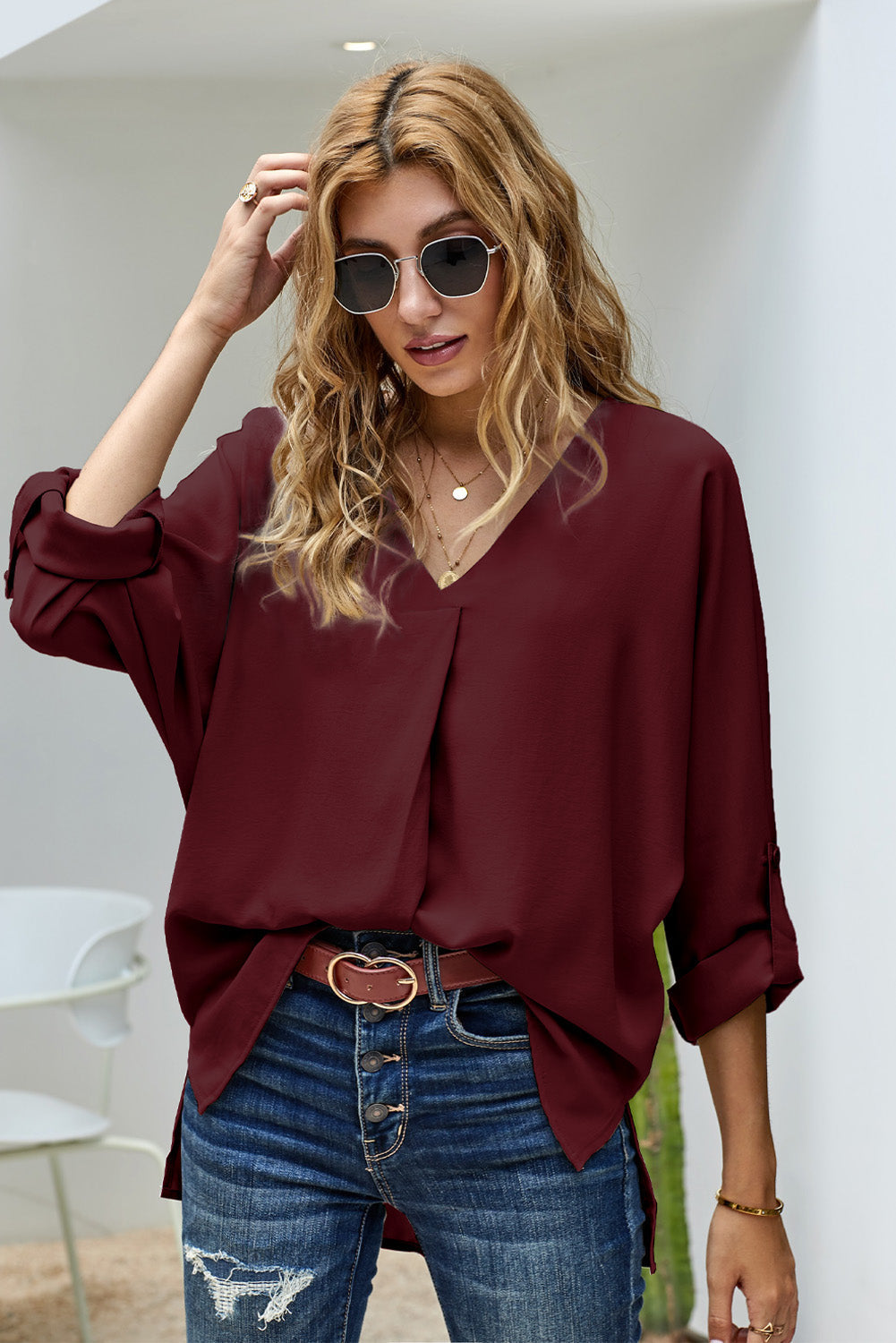 White/Black/Red/Apricot V Neck 3/4 Sleeve High Low Hem Shirt Blouse Sai Feel