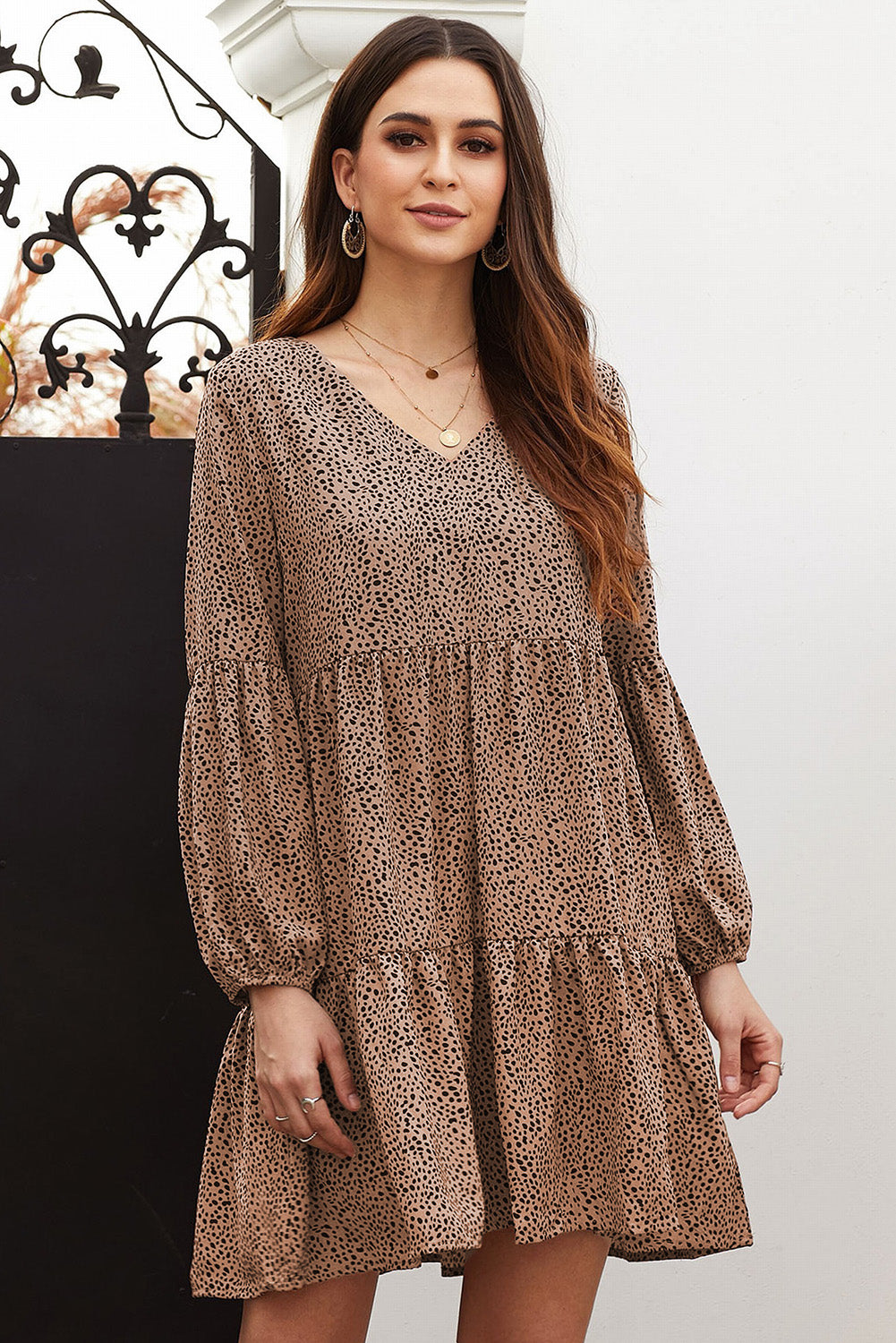 White/Brown Leopard Ruffle V-Neck Flowy Loose Tunic Dress Sai Feel