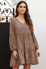 White/Brown Leopard Ruffle V-Neck Flowy Loose Tunic Dress Sai Feel