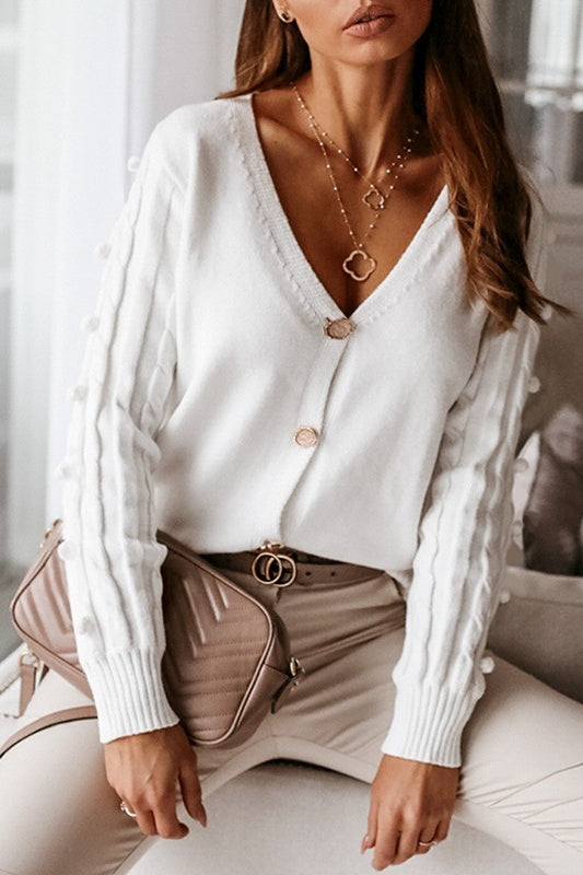 White Button Down V-Neck Cardigan with Cable Knit Sleeves Sai Feel