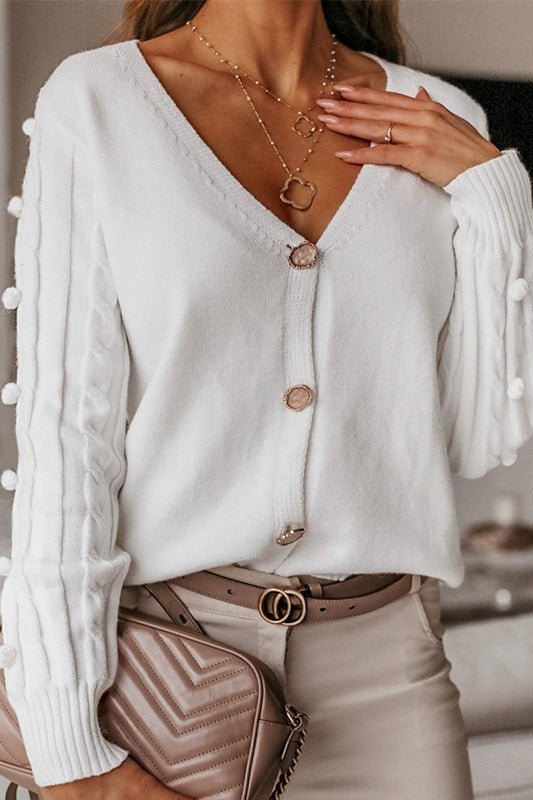 White Button Down V-Neck Cardigan with Cable Knit Sleeves Sai Feel