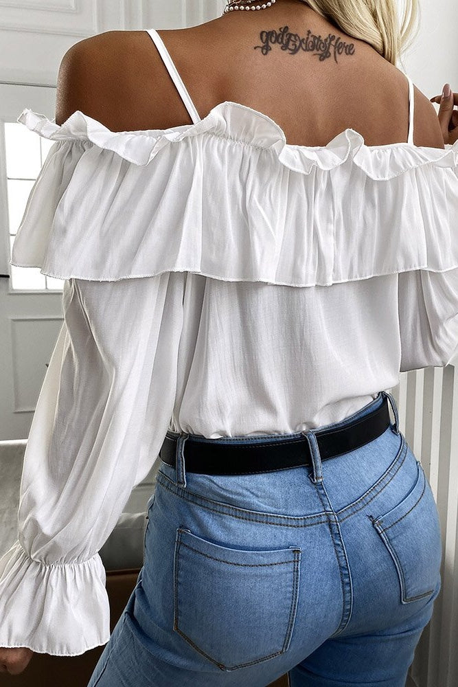 White Cold Shoulder Pleated Ruffle Bell Sleeve Blouse Sai Feel