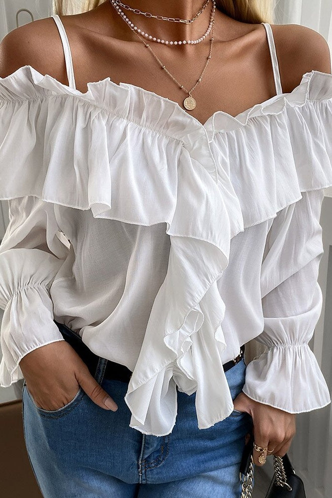 White Cold Shoulder Pleated Ruffle Bell Sleeve Blouse Sai Feel