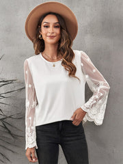 White Flare Lace Sleeve Ribbed Knit Top Sai Feel