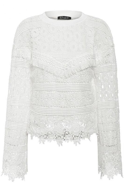 White Floral Lace Long Sleeve Blouse Top Sai Feel