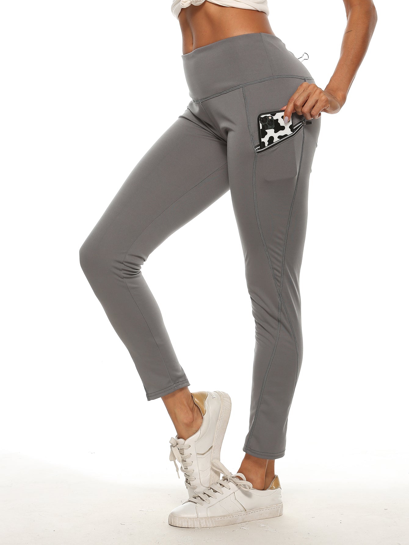 Wide Waistband Solid Leggings with Zipper Dual Pockets Sai Feel