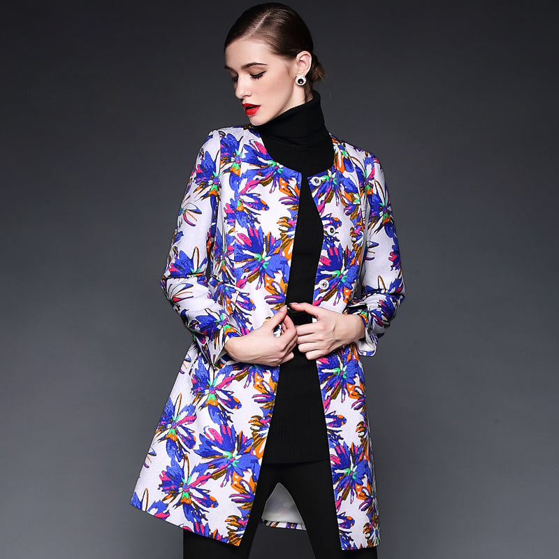 Windbreaker Round Neck Printed Single-breasted Coat Sai Feel