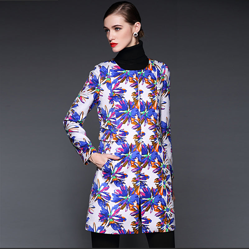 Windbreaker Round Neck Printed Single-breasted Coat Sai Feel