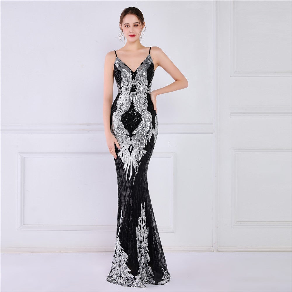 Wings Pattern Sequin Mesh Strappy Gown Sai Feel