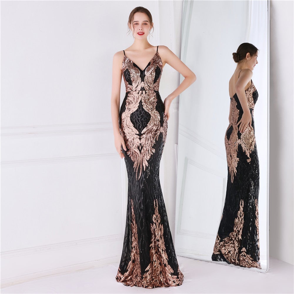 Wings Pattern Sequin Mesh Strappy Gown Sai Feel