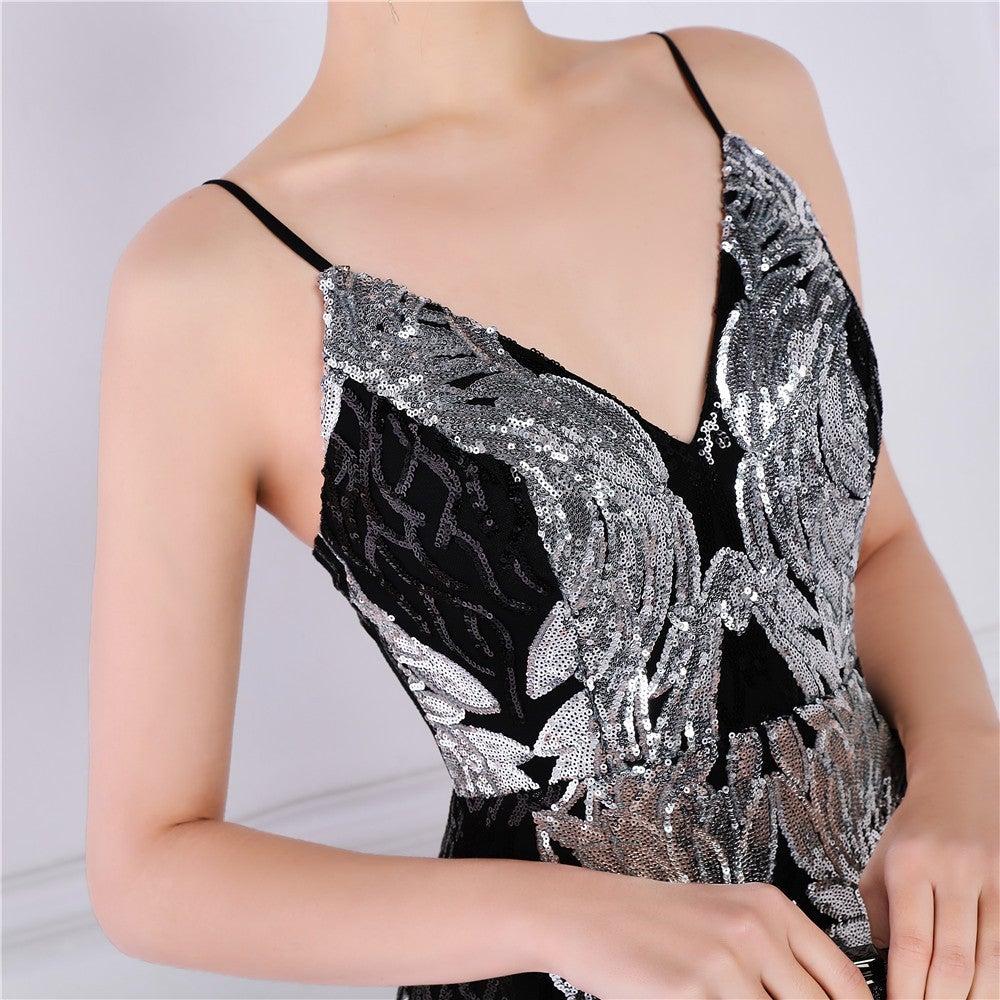 Wings Pattern Sequin Mesh Strappy Gown Sai Feel