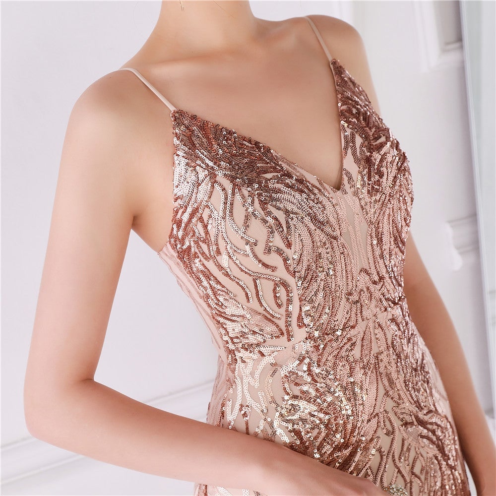 Wings Pattern Sequin Mesh Strappy Gown Sai Feel