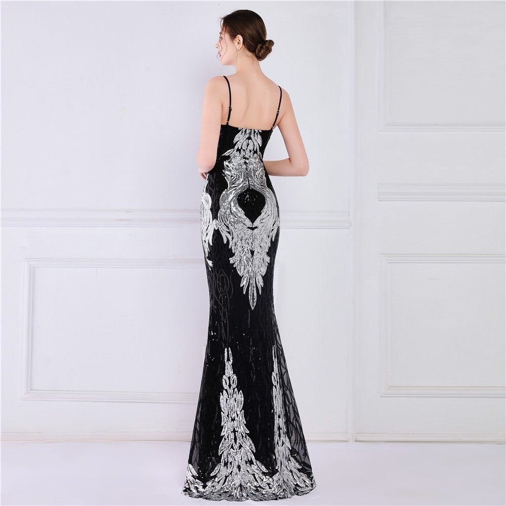 Wings Pattern Sequin Mesh Strappy Gown Sai Feel