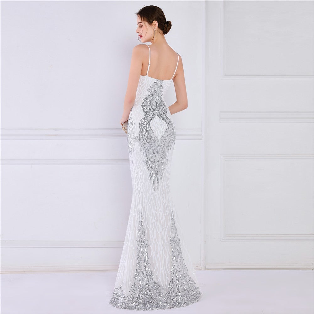 Wings Pattern Sequin Mesh Strappy Gown Sai Feel