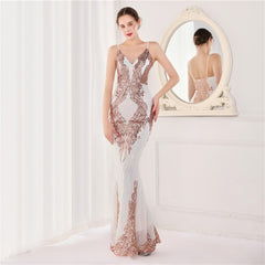 Wings Pattern Sequin Mesh Strappy Gown Sai Feel