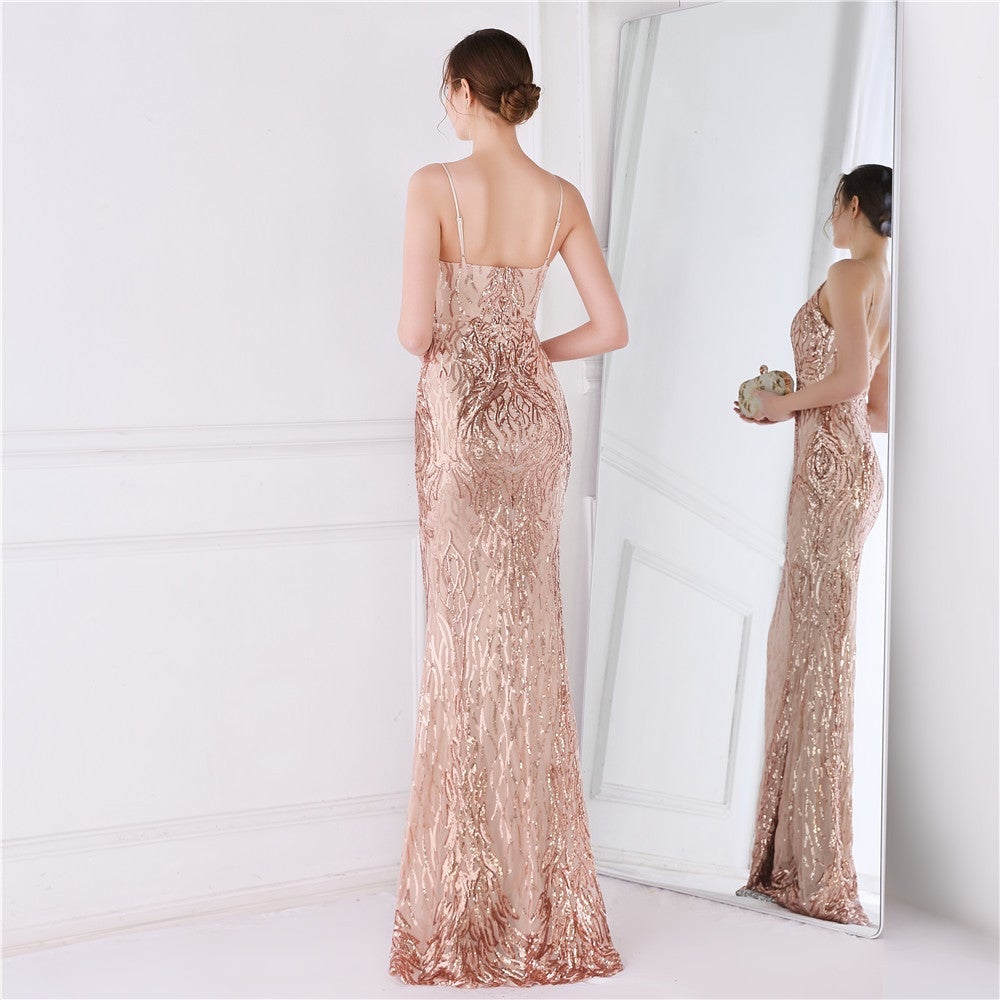 Wings Pattern Sequin Mesh Strappy Gown Sai Feel