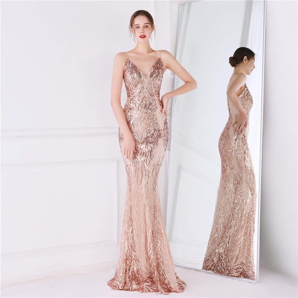 Wings Pattern Sequin Mesh Strappy Gown Sai Feel