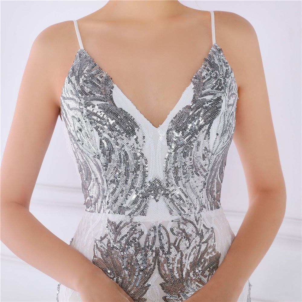 Wings Pattern Sequin Mesh Strappy Gown Sai Feel