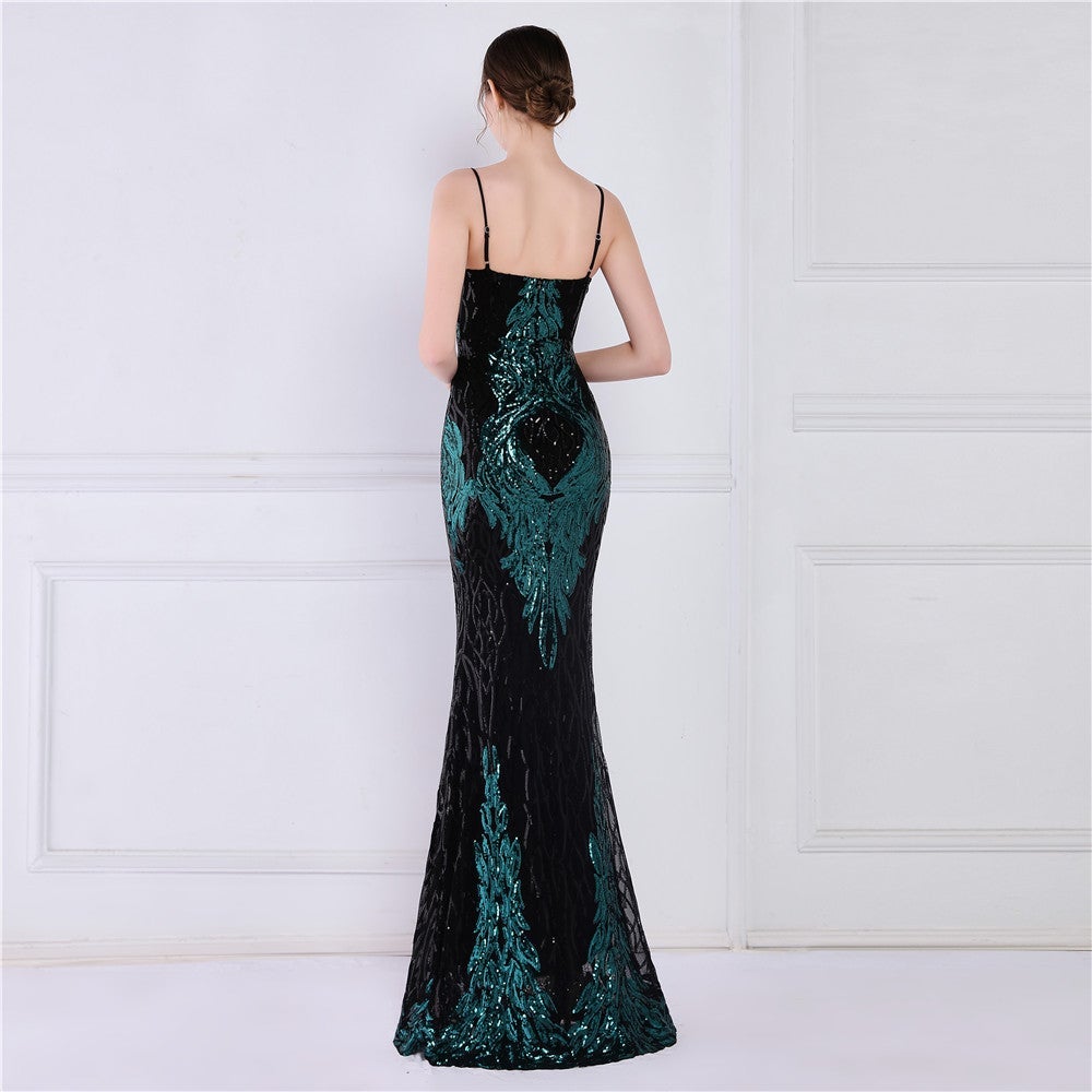 Wings Pattern Sequin Mesh Strappy Gown Sai Feel