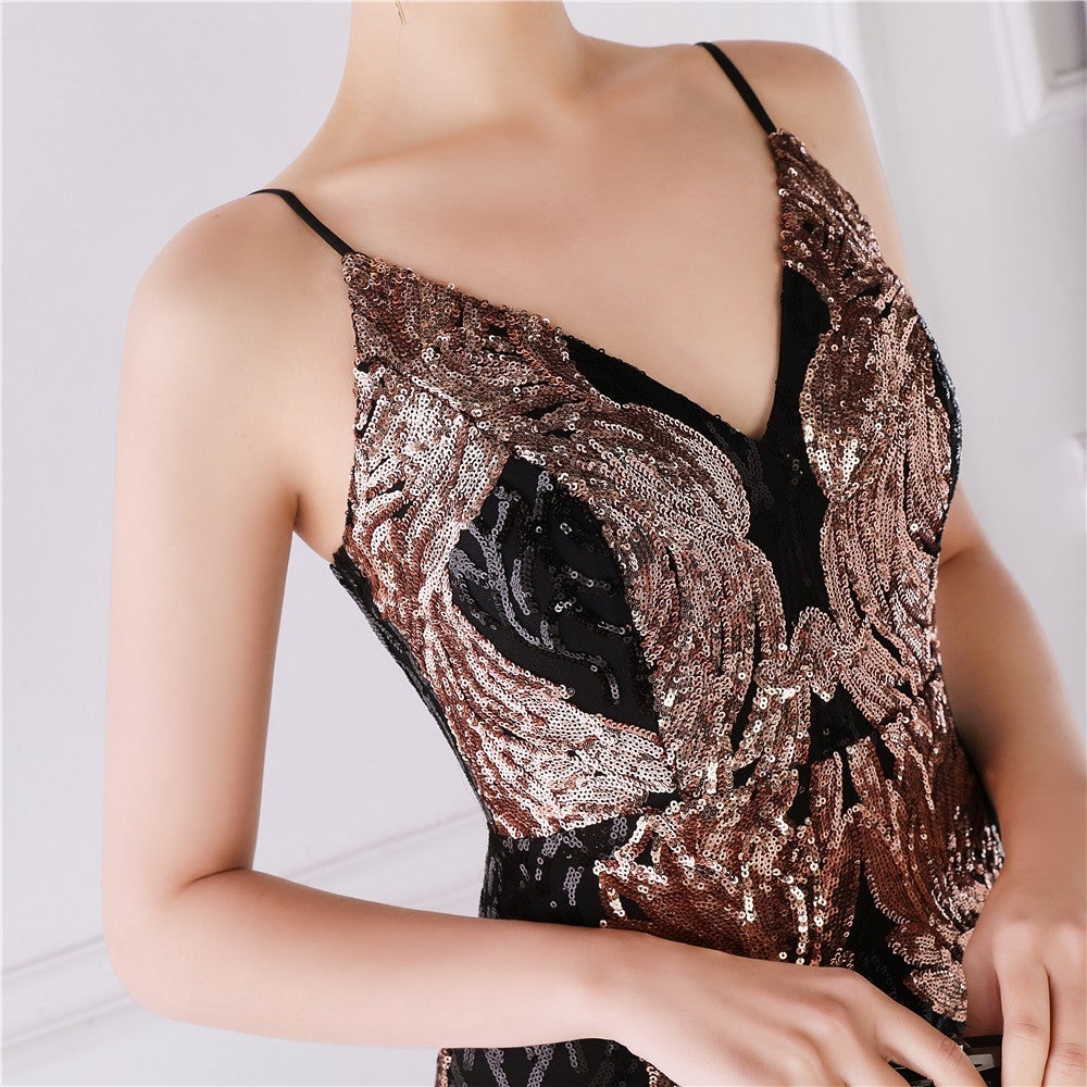 Wings Pattern Sequin Mesh Strappy Gown Sai Feel