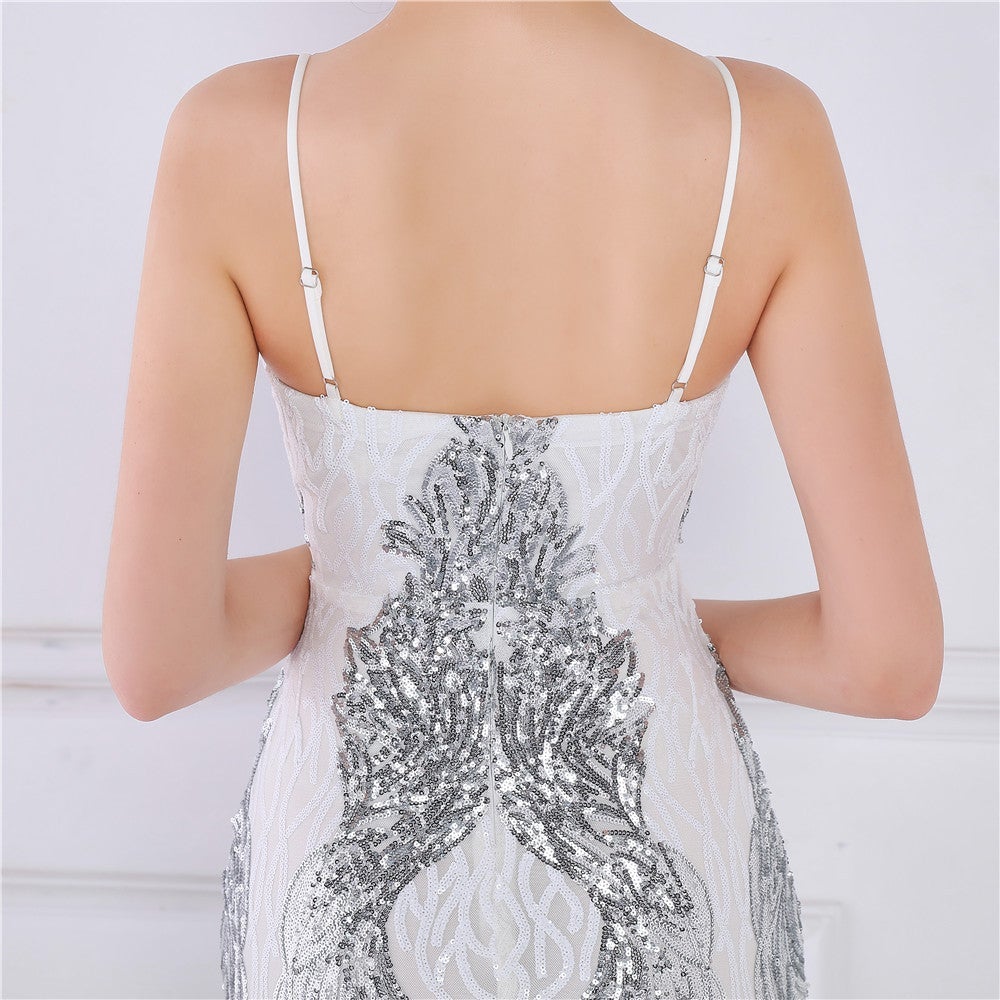 Wings Pattern Sequin Mesh Strappy Gown Sai Feel