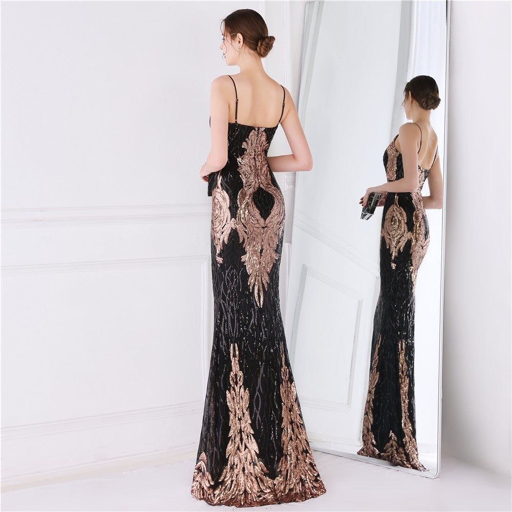 Wings Pattern Sequin Mesh Strappy Gown Sai Feel