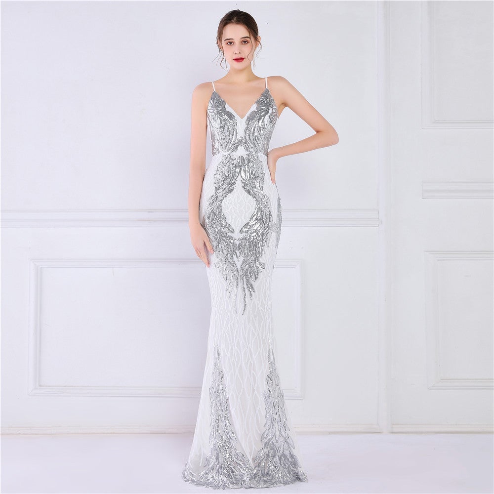 Wings Pattern Sequin Mesh Strappy Gown Sai Feel