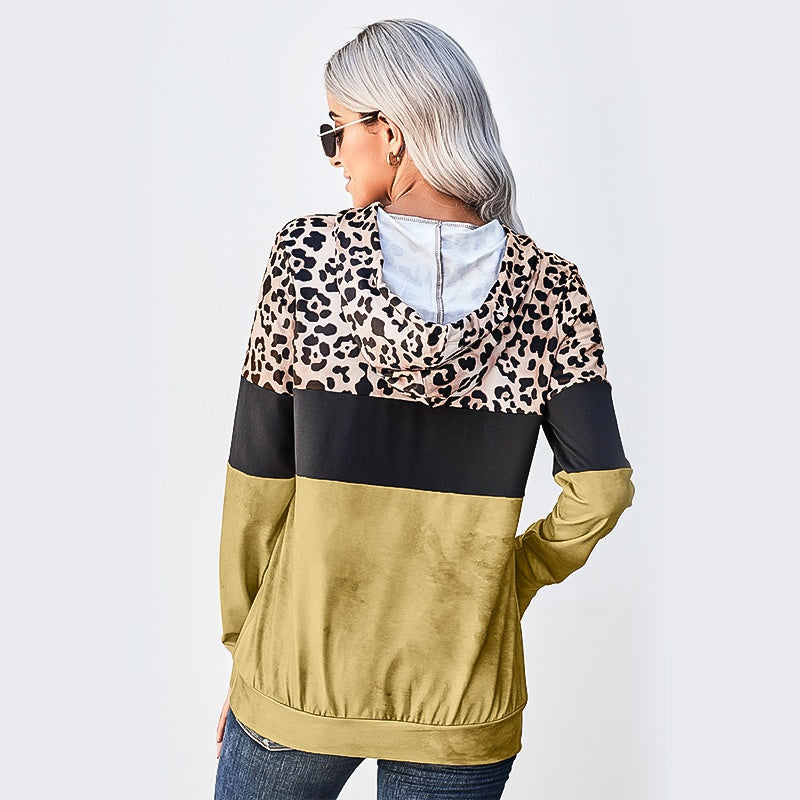 Winter Casual Loose Long Sleeve Leopard Tie Dye Colorblock Drawstring Hoodie with Pockets Sai Feel