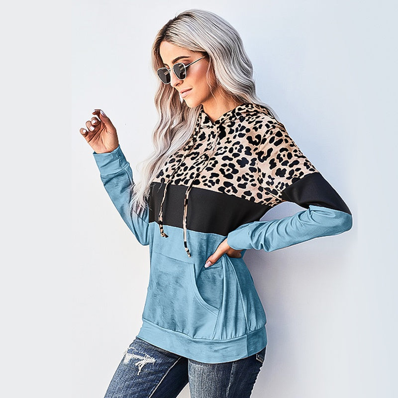 Winter Casual Loose Long Sleeve Leopard Tie Dye Colorblock Drawstring Hoodie with Pockets Sai Feel