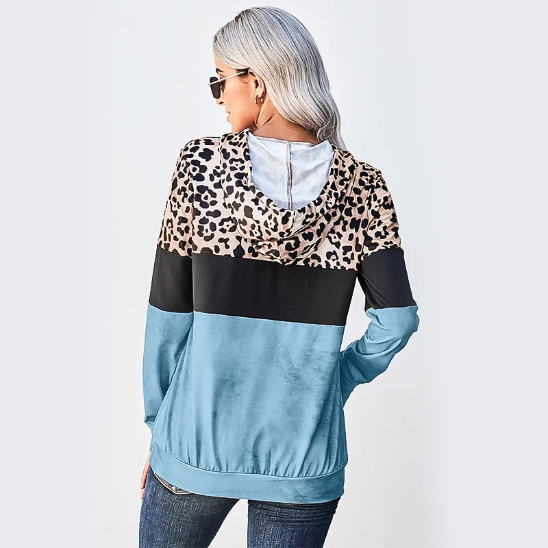 Winter Casual Loose Long Sleeve Leopard Tie Dye Colorblock Drawstring Hoodie with Pockets Sai Feel