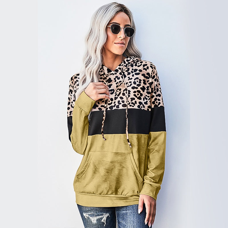 Winter Casual Loose Long Sleeve Leopard Tie Dye Colorblock Drawstring Hoodie with Pockets Sai Feel