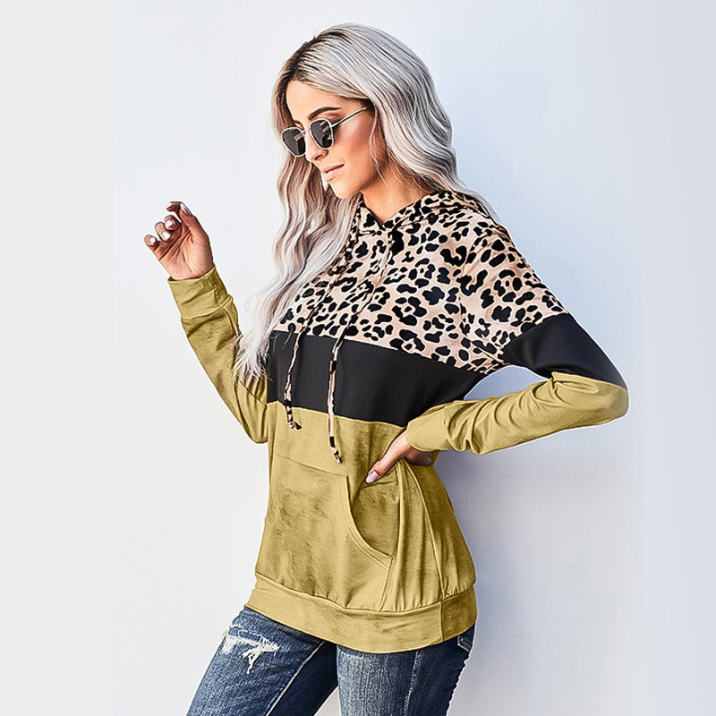 Winter Casual Loose Long Sleeve Leopard Tie Dye Colorblock Drawstring Hoodie with Pockets Sai Feel