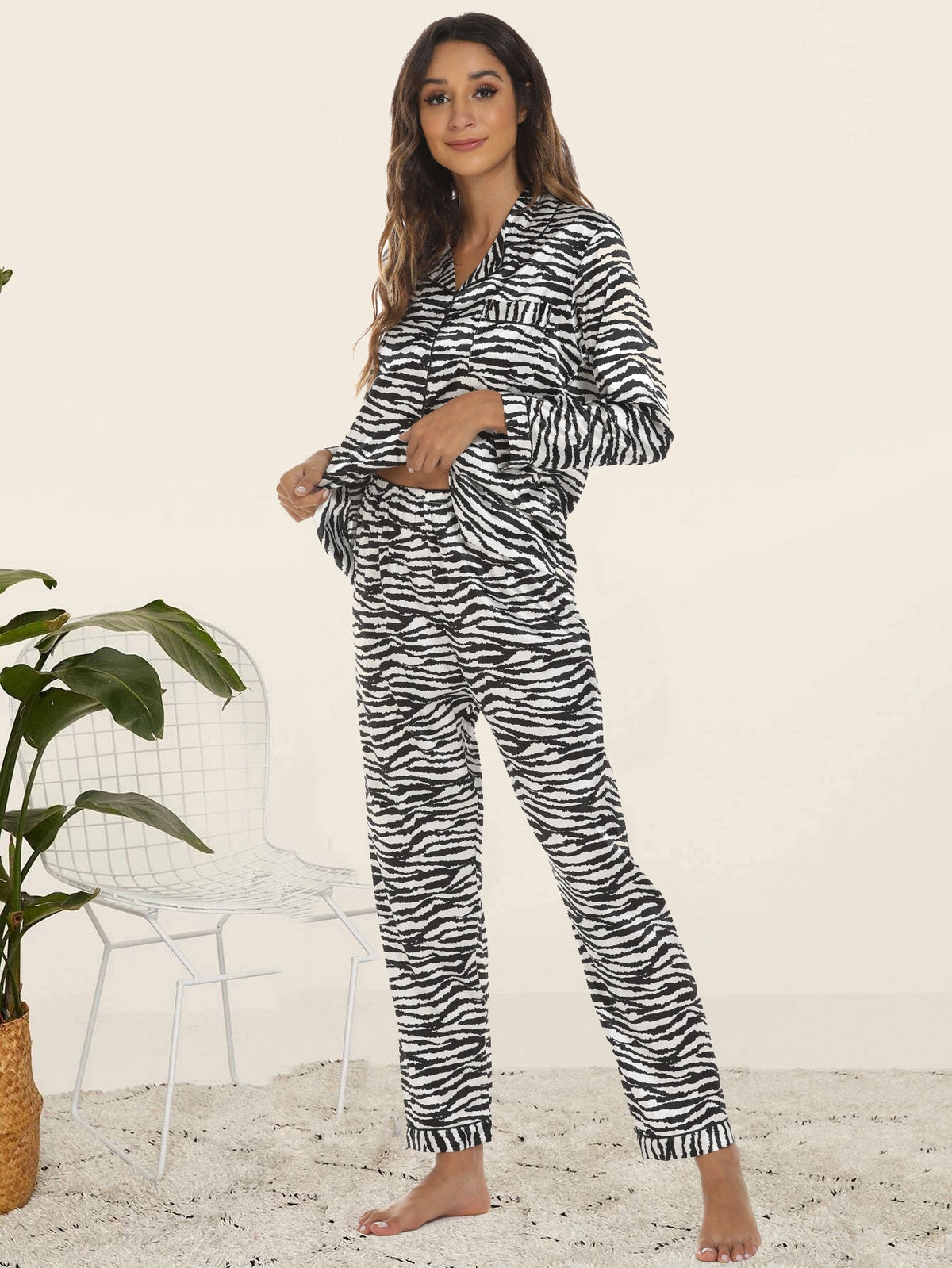 Woman Cute Soft Zebra Pattern Long Sleeve Pajama Set Sai Feel
