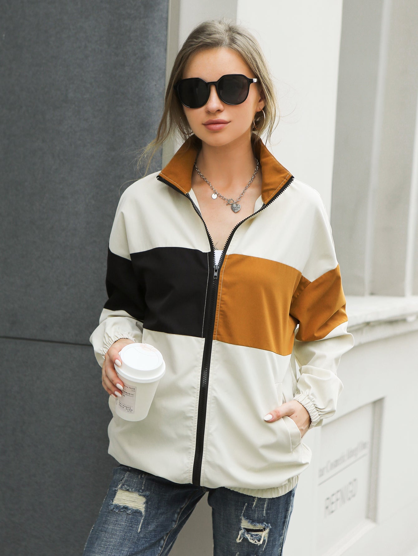 Woman's Sporty Casual Outdoor Collar Oversize Woven Jacket Sai Feel