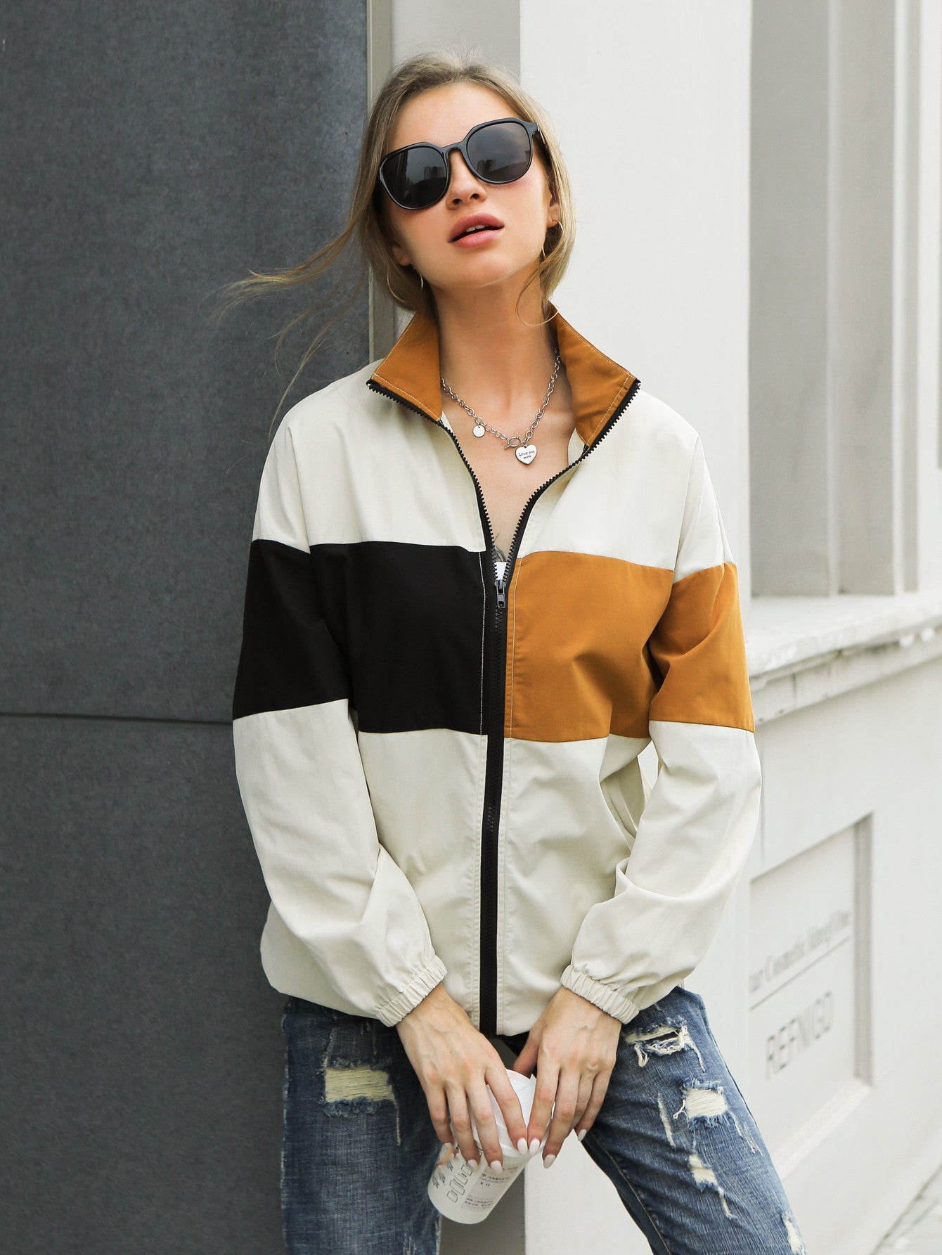 Woman's Sporty Casual Outdoor Collar Oversize Woven Jacket Sai Feel