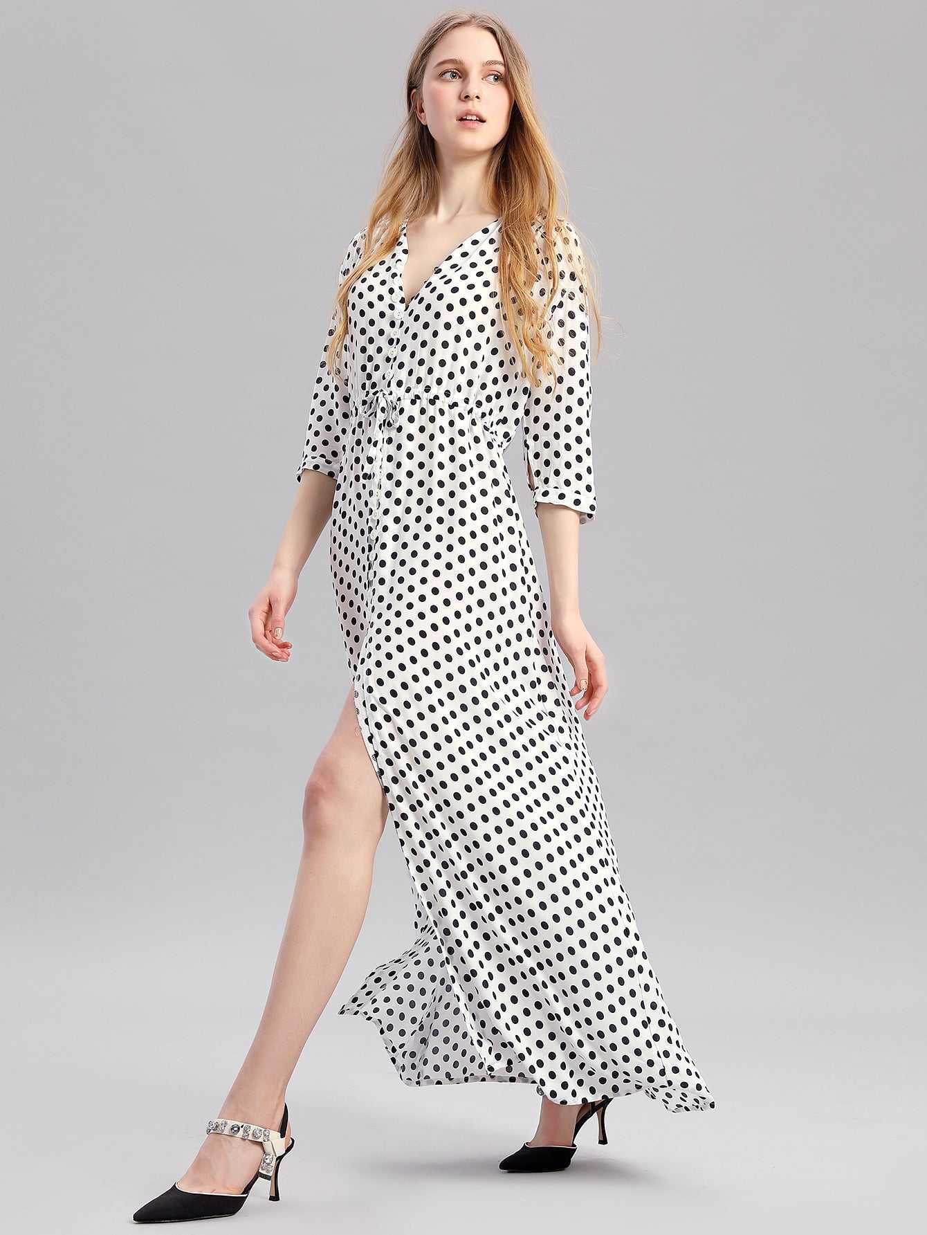 Woman's dress V Neck Loose Half Sleeve White Dot Split Elegant Female Maxi Dress,Flowy Swing Beach Dresses Spring-Summer Casual Dress L-2XL Sai Feel