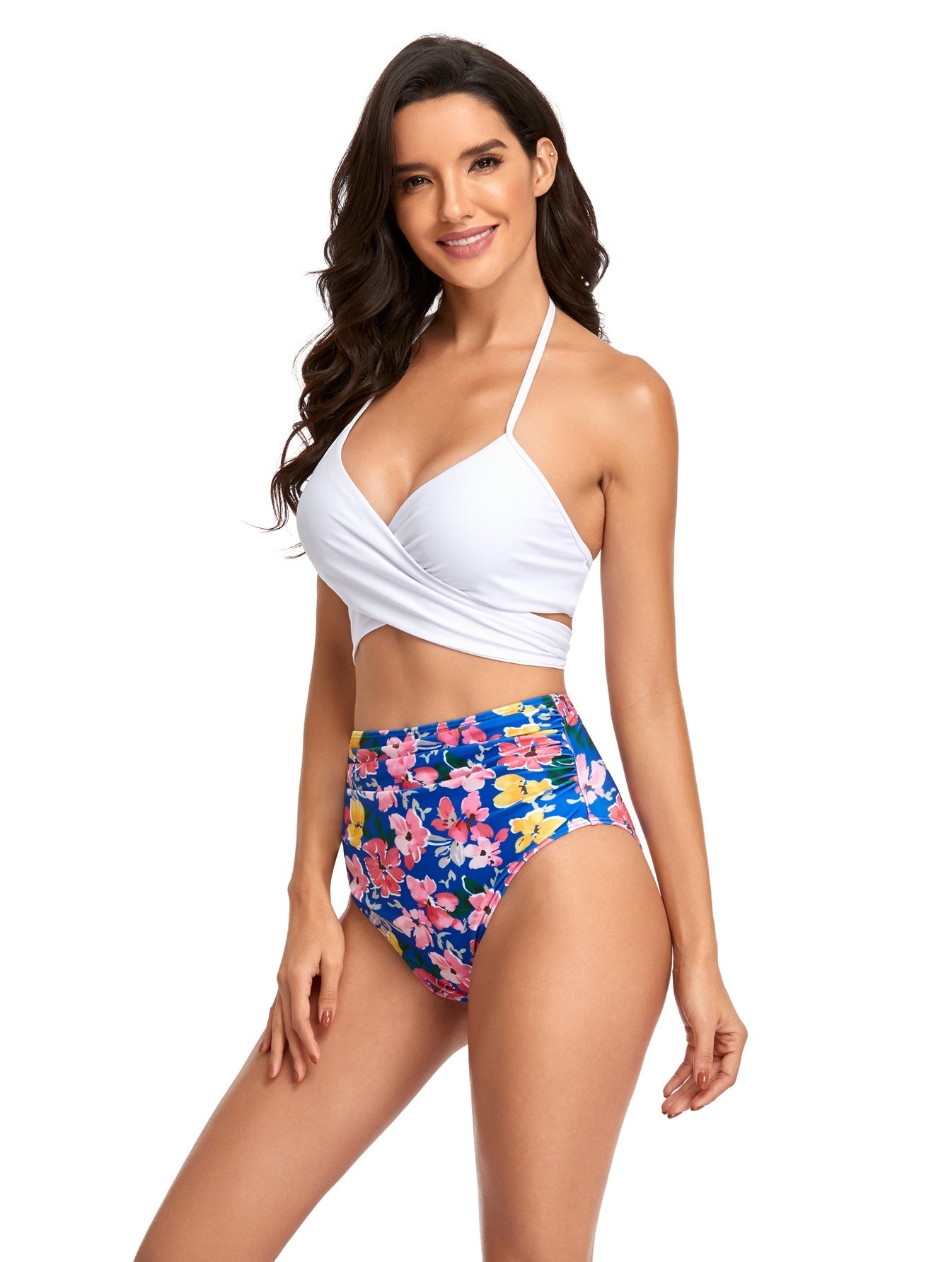 Women 2pcs Cross Front Floral Print split high waist swimsuit Sai Feel