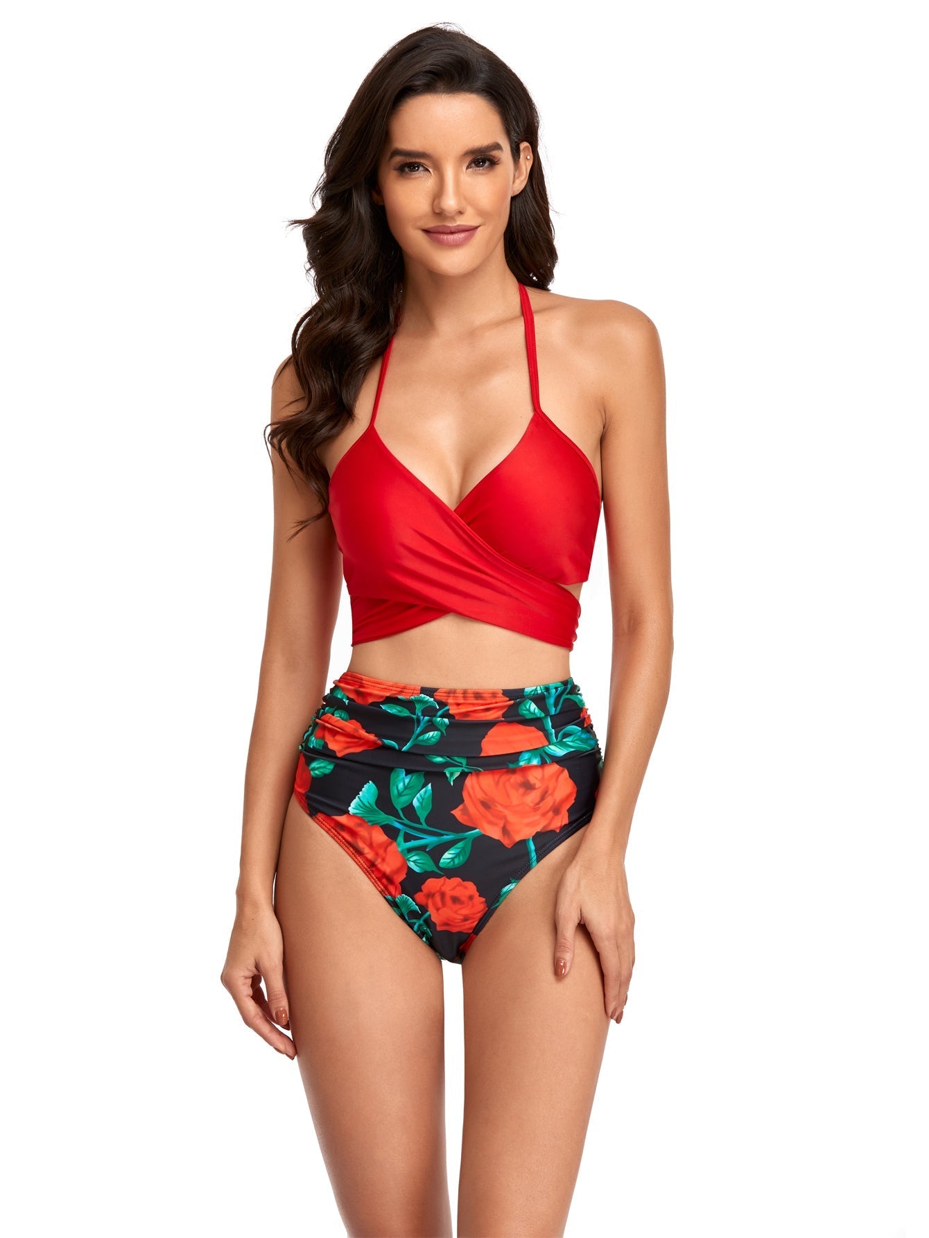 Women 2pcs Cross Front Floral Print split high waist swimsuit Sai Feel