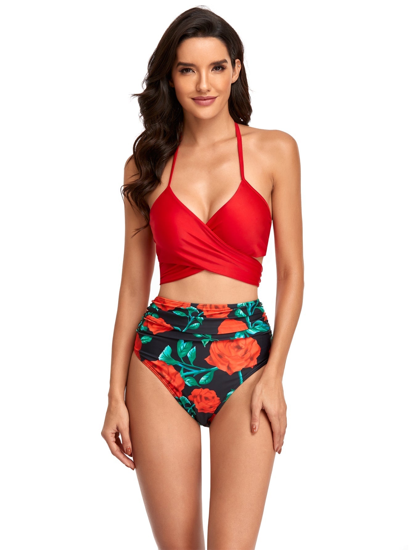 Women 2pcs Cross Front Floral Print split high waist swimsuit Sai Feel