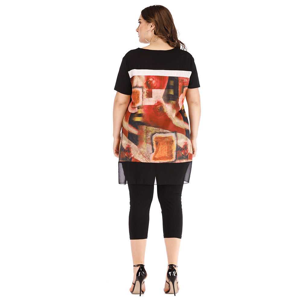 Women 2pcs Per Set nine - cent pants round collar printed patchwork casual Shirt Sai Feel
